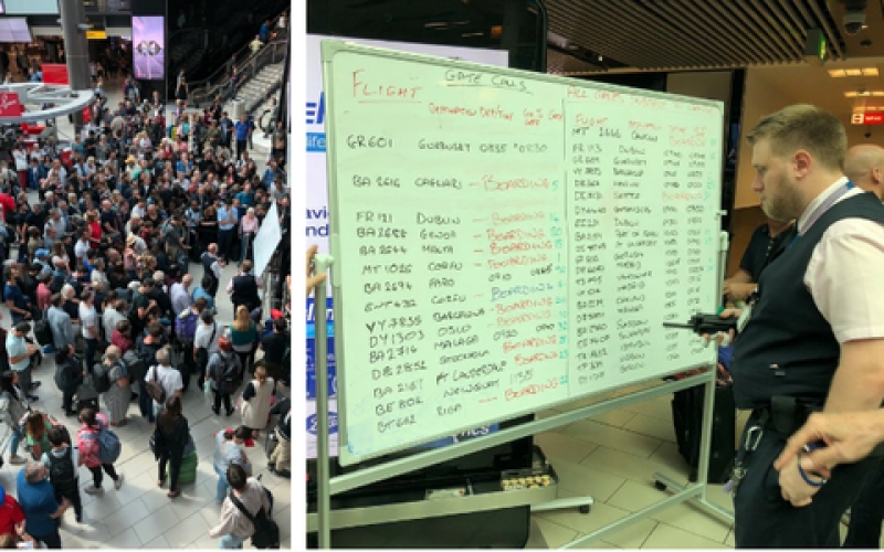 Rozkład lotów na Gatwick, pisany ręcznie.