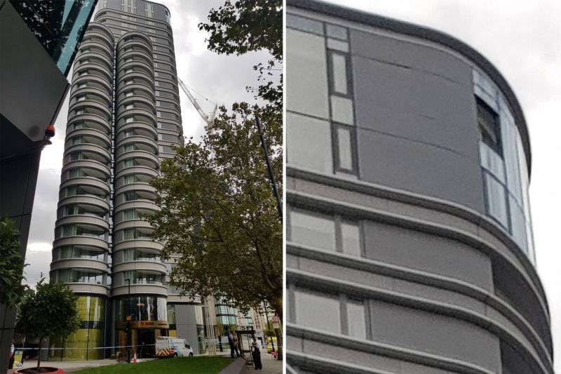 Szyba która wypadła z okna drogiego apartamentowca w Londynie, zabiła pieszego.