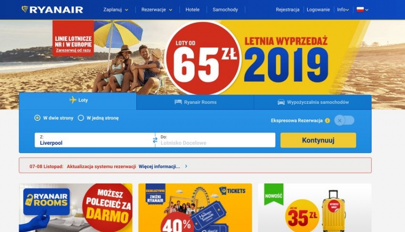 Strona internetowa Ryanair, nie będzie działać przez kilka godzin.